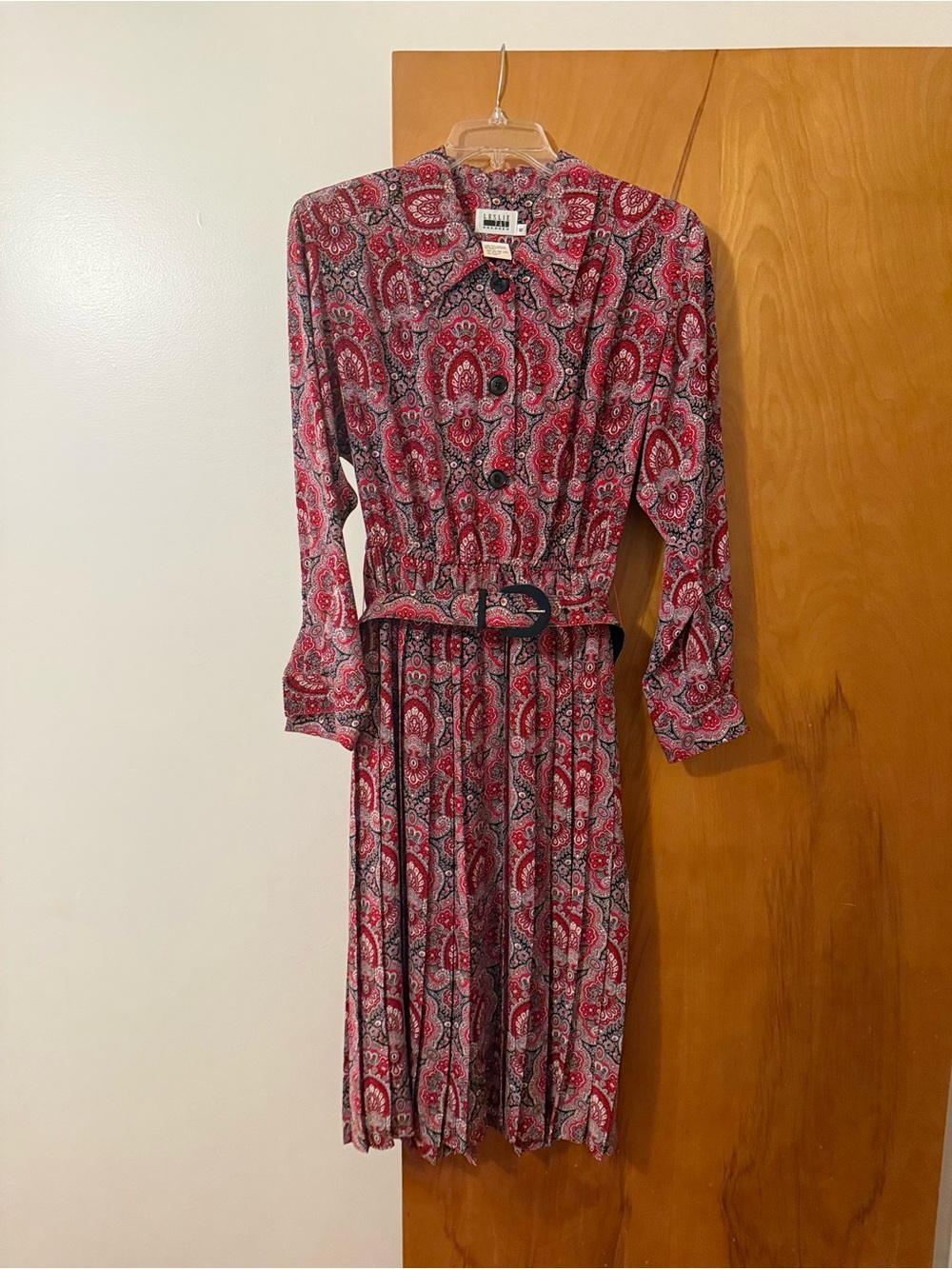 Leslie Fay Red Paisley Long-Sleeve Belted Dress
